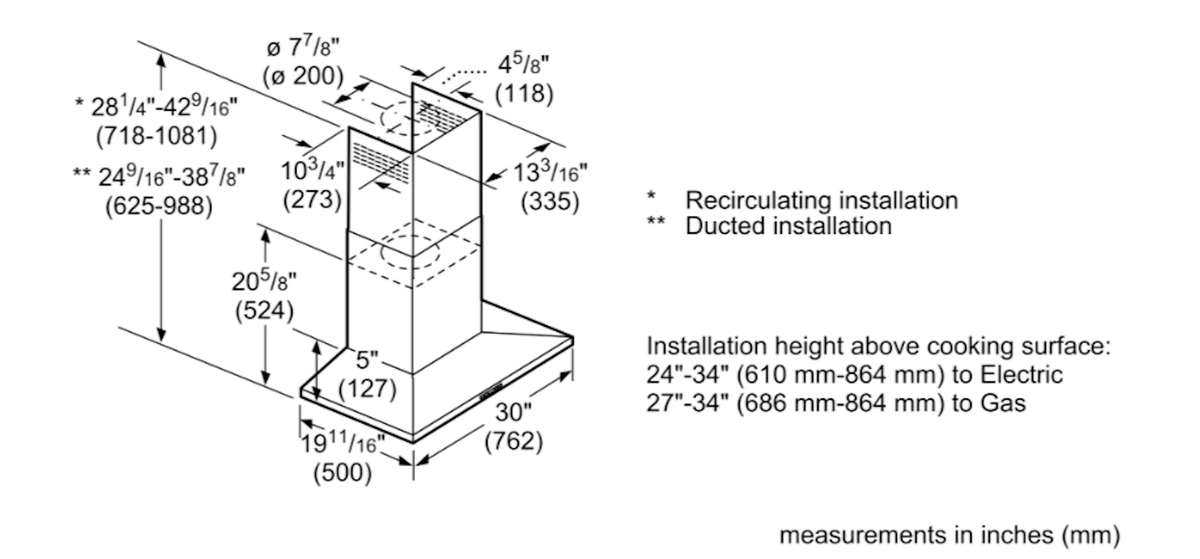 Bosch-300 Series, 30" Pyramid Style Canopy, Energy Star, 300 Cfm