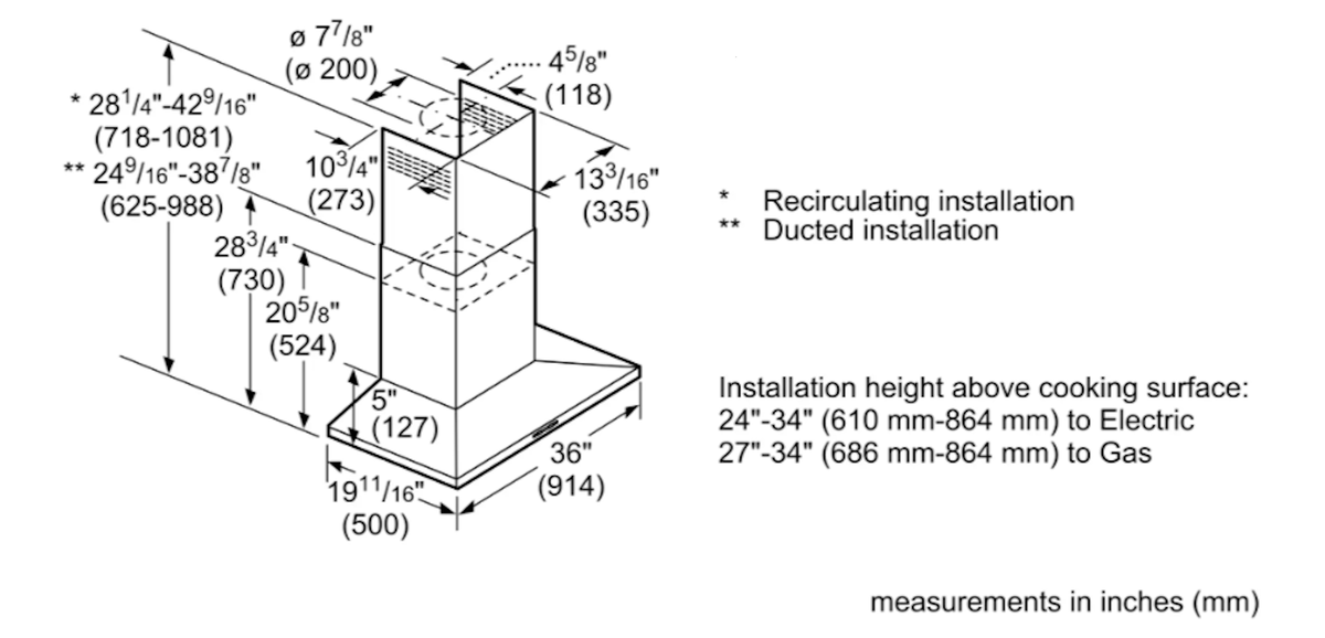 Bosch-300 Series, 36" Pyramid Style Canopy, Energy Star, 300 Cfm