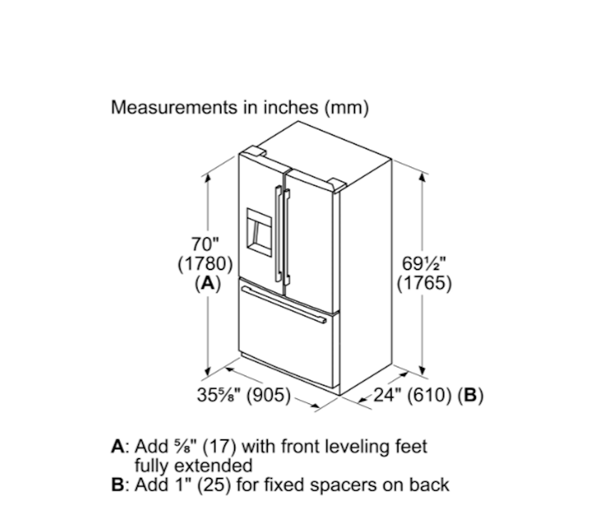 Bosch-36" 500 Series, 3-Door, Counter Depth, External Ice/Water, Blk Ss, 70"