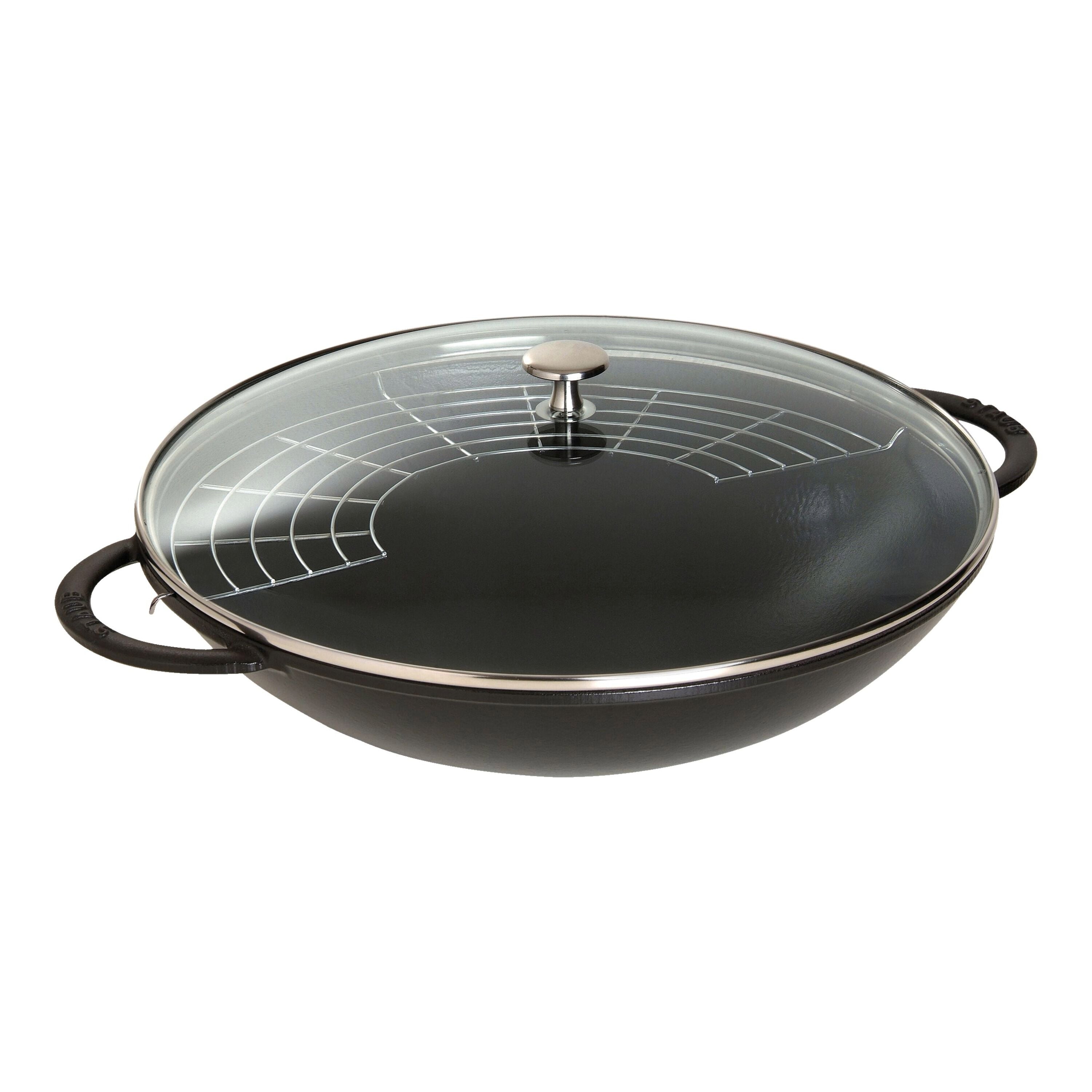 STAUB - Wok con Tapa de Vidrio de 37cm en Negro - Hierro Fundido Redondo image 0