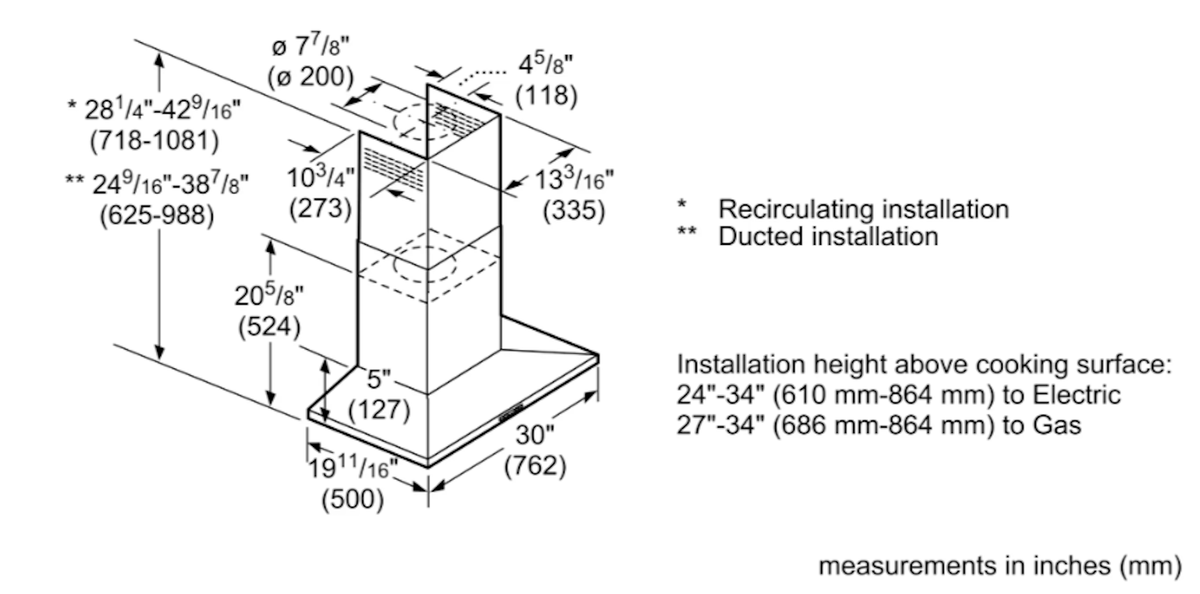 Bosch-800 Series, 30" Pyramid Chimney, 600 Cfm, Blk Ss
