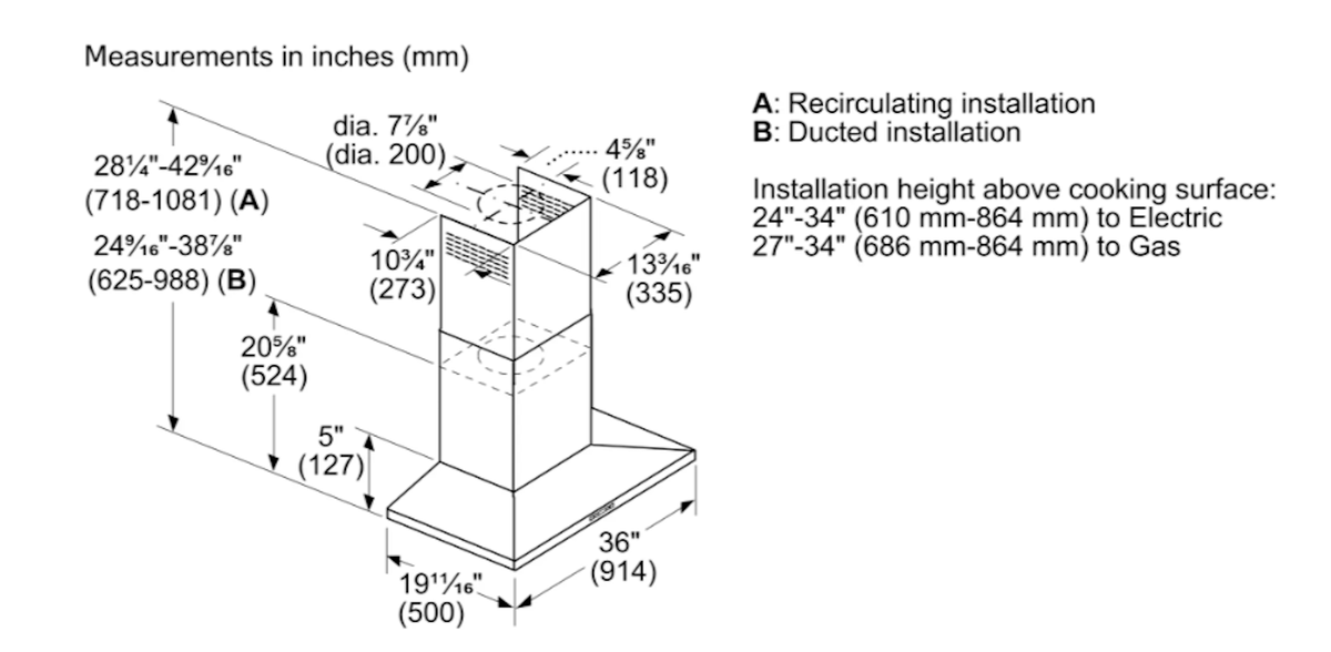 Bosch-800 Series, 36" Pyramid Chimney, 600 Cfm, Blk Ss