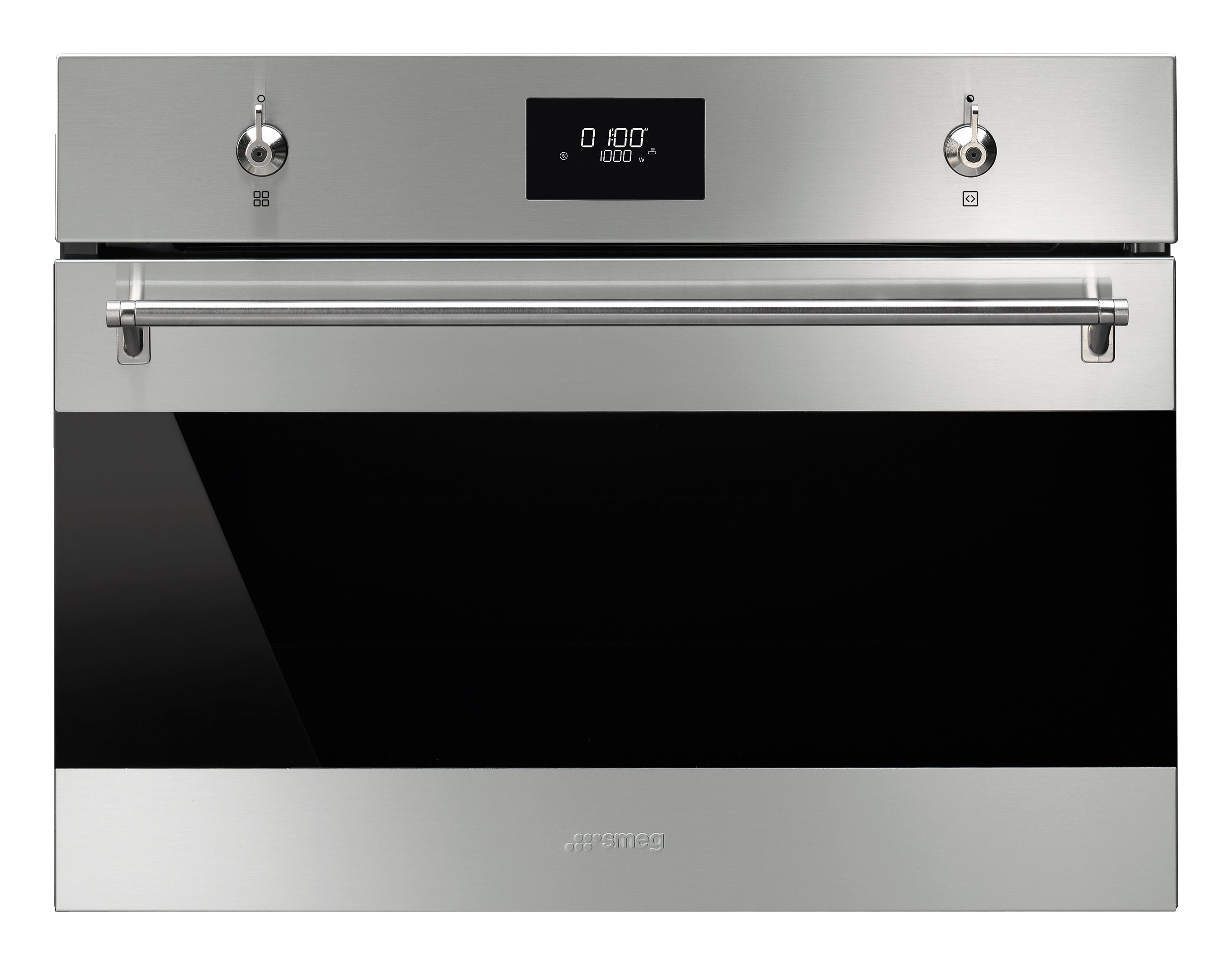 SMEG - Horno microondas clásico de 60 cm/24" con parrilla, altura compacta de 45 cm, acero inoxidable y vidrio negro Eclipse